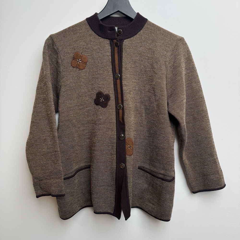 VTG Pure‎ Wool Cardigan Sweater L Brown Floral Applique Button Front Women's